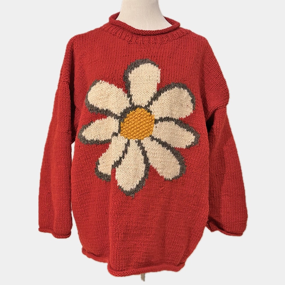Red Daisy Sweater - Handmade 100% Wool